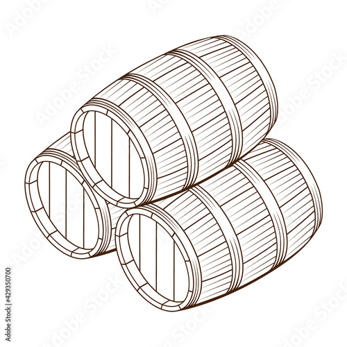 Three wooden barrels for wine and other alcohol.