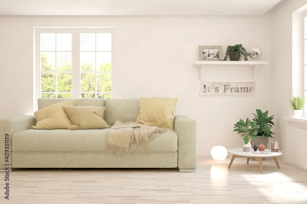 Fototapeta premium White living room with sofa and summer landscape in window. Scandinavian interior design. 3D illustration