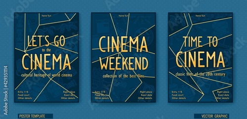 Cinema weekend. Ready billboard for the movie theater. Vector linear drawing. Trendy polygonal graphics in comic storyboard style.