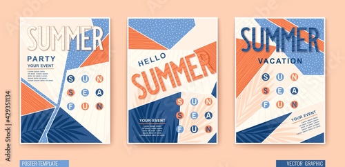 Set of modern Summer posters. Seasonal holiday, vacation, party and fun. Vector banners
