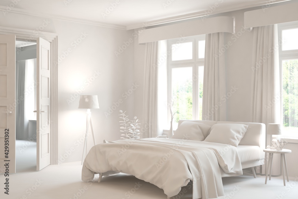 Fototapeta premium Modern bedroom in white color. Scandinavian interior design. 3D illustration