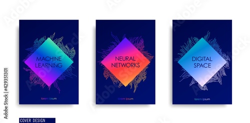 Creative futuristic covers. Digital technology. Creative label from chaotic spreading structure of thin lines. Vector template