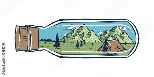illustration nature mountain camp in bottle with retro style for your tshirt design