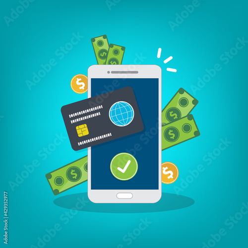 Cashback on smartphone, money bonus reward on mobile phone screen, cash returned back, income received, vector illustration