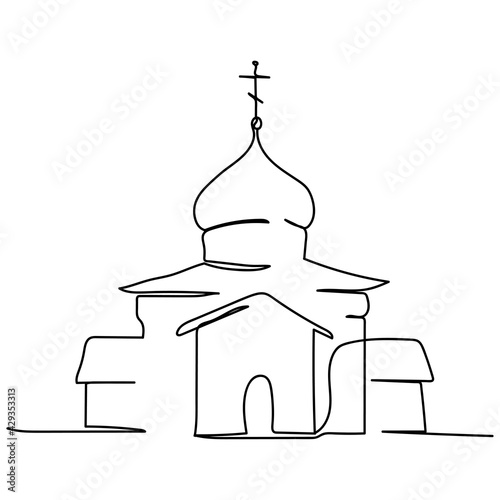 Continuous one line of orthodox church in silhouette. Minimal style. Perfect for cards, party invitations, posters, stickers, clothing. Black abstract icon. Easter concept