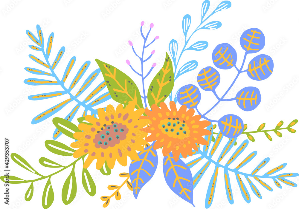 colorful floral flowers branches twigs bouquet, isolated vector illustration