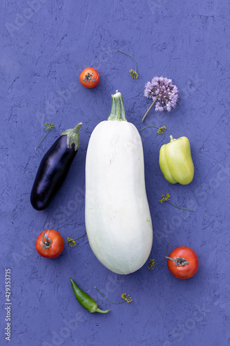 Fresh organic farm vegetables flat lay composition on rustic purple wooden background, top view. Poster with vegetable collage.