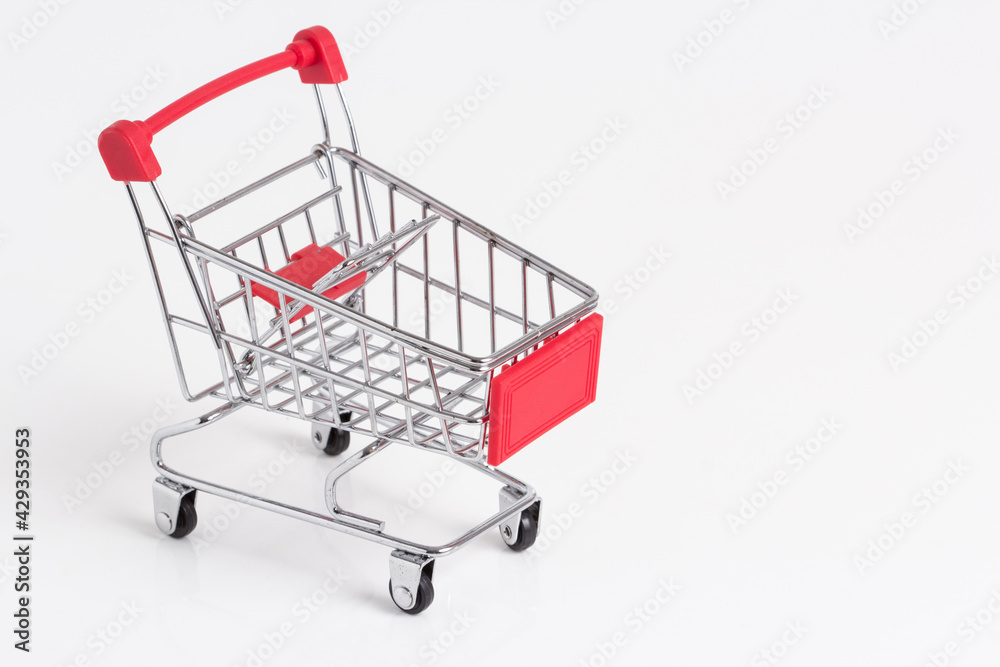 Empty metallic supermarket shopping cart side view isolated. Realistic supermarket basket, retail pushcart vector illustration stock illustration