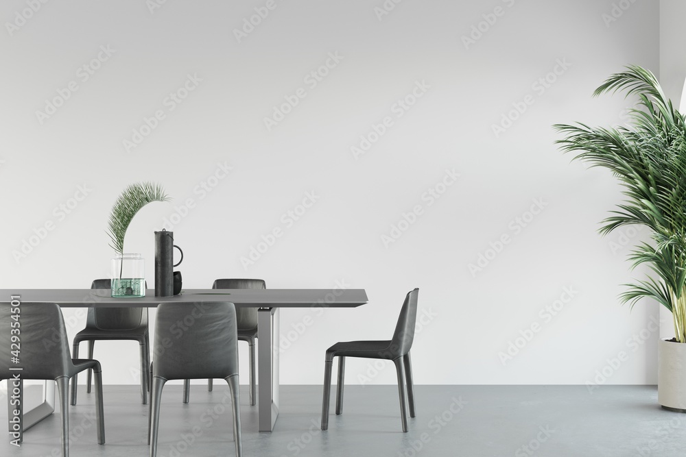 Fine dining table setup for six with minimalist decor and a palm tree in theright corner, 3D illustration Fine dining table setup for six with minimalist decor and a palm tree in theright corner, 3D illustration