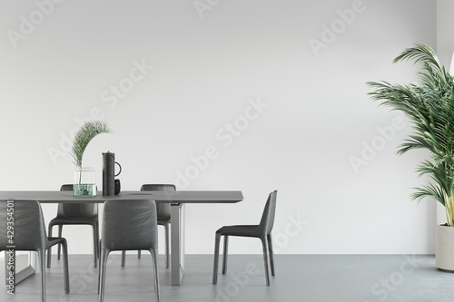 Fine dining table setup for six with minimalist decor and a palm tree in theright corner  3D illustration