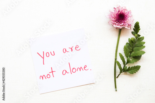 you are not alone message card handwriting with flowers arrangement flat lay postcard style on background white