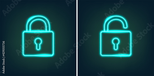Locked and unlocked padlock icons in shiny neon graphic style