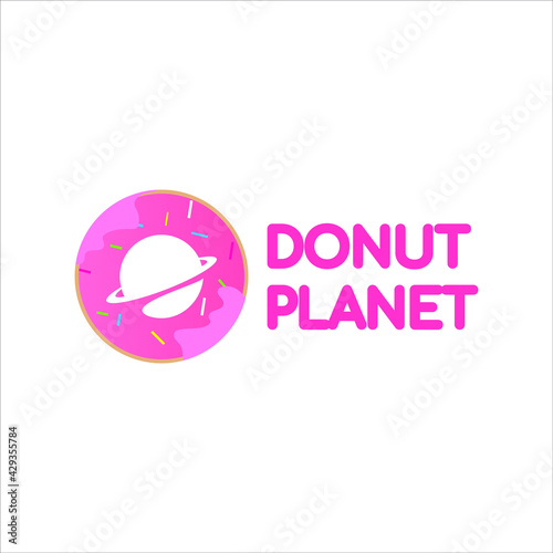 Donut planet. sweet sugar icing donut with space concept for food company logo