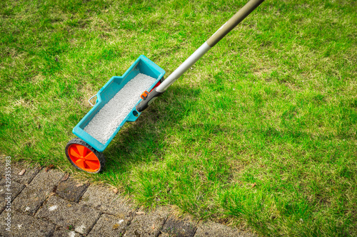 Foto Fertilize lawn - Fertilizer spreader on green lawn