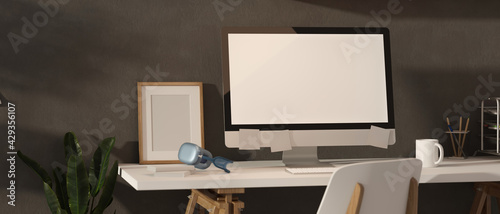 3D rendering, loft office room interior design with computer desk with supplies and stationery © bongkarn