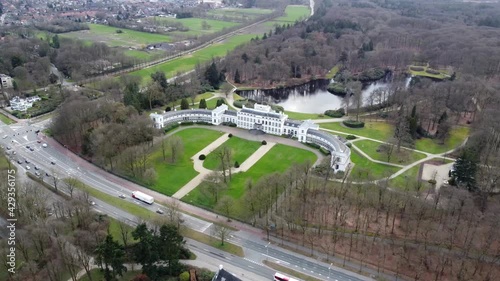 Aerial view of Palace Soestdijk located just north of the border in the municipality of Baarn in the province of Utrecht The Netherlands it was the home for the Dutch Queen and Prince 4k high quality photo