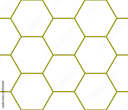 Simple repeating hexagon pattern with honeycomb cells in gold outline color on a white background, geometric vector illustration