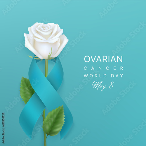 Ovarian cancer world day background with ribbon and rose