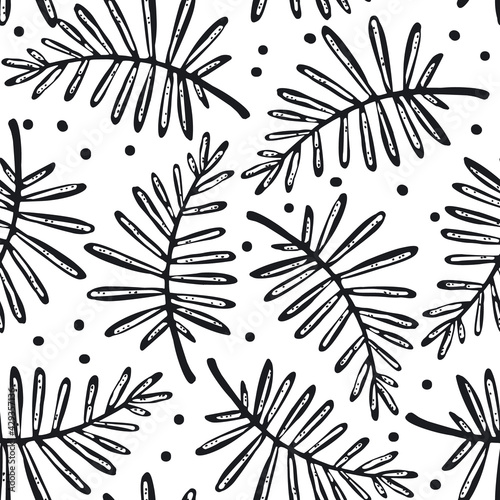 black and white floral seamless pattern, endless repeatable plant texture, vector illustration background