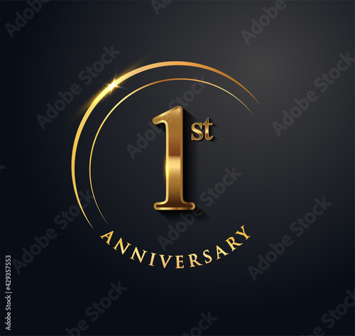 1st Anniversary Celebration. Anniversary logo with ring and elegance golden color isolated on black background, vector design for celebration, invitation card, and greeting card.