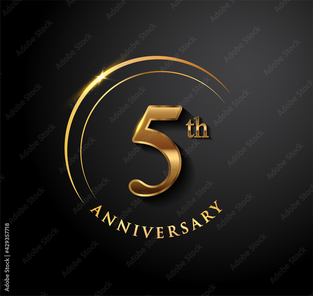 5th Anniversary Celebration. Anniversary logo with ring and elegance golden color isolated on black background, vector design for celebration, invitation card, and greeting card. 5th Anniversary Celebration. Anniversary logo with ring and elegance golden color isolated on black background, vector design for celebration, invitation card, and greeting card.