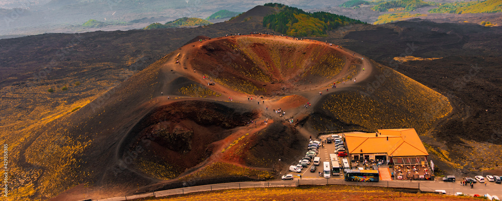 High angle view of Crater Silvestri at Mount Etna - the highest active volcano in Europe  - obrazy, fototapety, plakaty 
