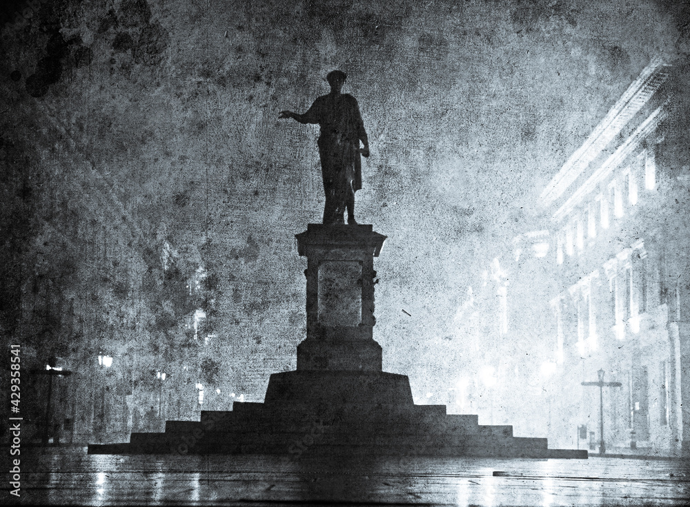 Duc de Richelieu statue in Ukraine, Odessa. Photo in old image style.
