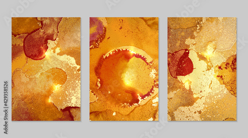 Set of marble patterns. Amber and gold geode textures with glitter. Abstract vector background in alcohol ink technique. Modern paint with sparkles. Backdrops for banner, poster. Fluid art