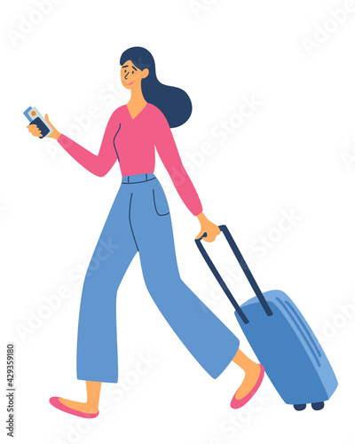 Young woman with a luggage bag. Time to Travel. Recreation and tourism. Journey. Business topics -business trip, web template, header. Traveling Concept. Vector Flat Illustration