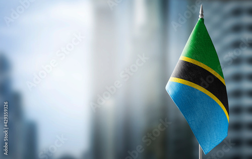 A small flag of Tanzania on the background of a blurred background