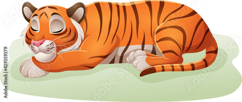 Cartoon funny tiger sleeping in the grass