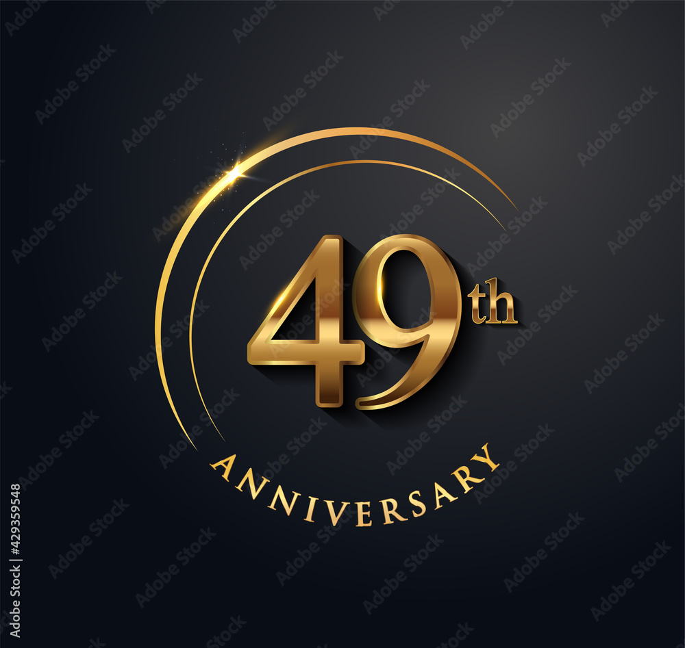 49th Anniversary Celebration. Anniversary logo with ring and elegance golden color isolated on black background, vector design for celebration, invitation card, and greeting card. 49th Anniversary Celebration. Anniversary logo with ring and elegance golden color isolated on black background, vector design for celebration, invitation card, and greeting card.