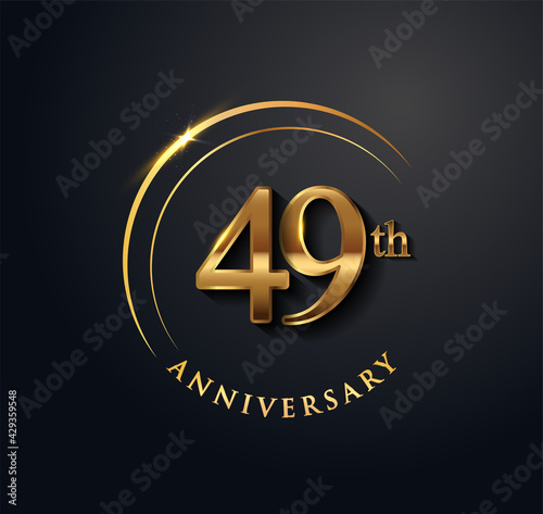 49th Anniversary Celebration. Anniversary logo with ring and elegance golden color isolated on black background, vector design for celebration, invitation card, and greeting card.