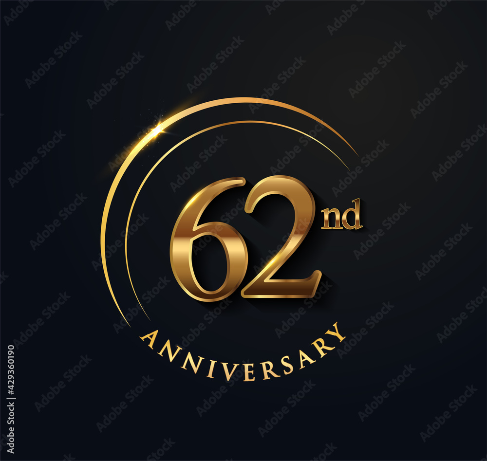 62nd Anniversary Celebration. Anniversary logo with ring and elegance golden color isolated on black background, vector design for celebration, invitation card, and greeting card.