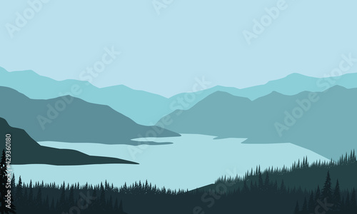 a beautiful view of the mountains on the river bank with the silhouette of the pine trees around it in the morning. Vector illustration