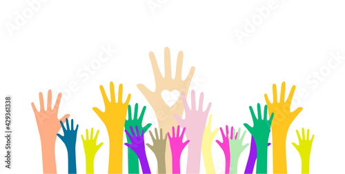 multicolored raised hands, palms up, many hands and a symbol of community, society, union, group, team, we are together