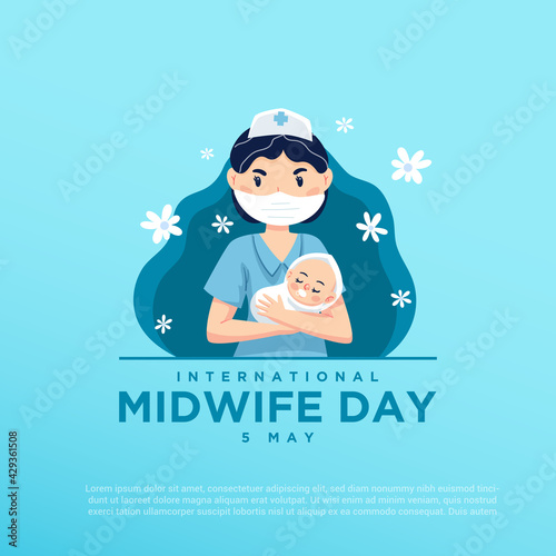 Vector illustration of a midwife holding a baby, as a banner, poster or template for international midwife's day.