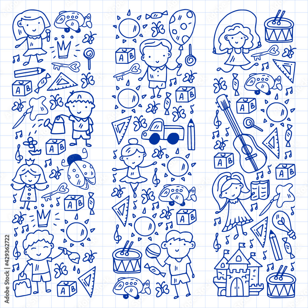 Obraz premium Vector pattern with little children. Kindergarten. Imagination. Creativity. Play.