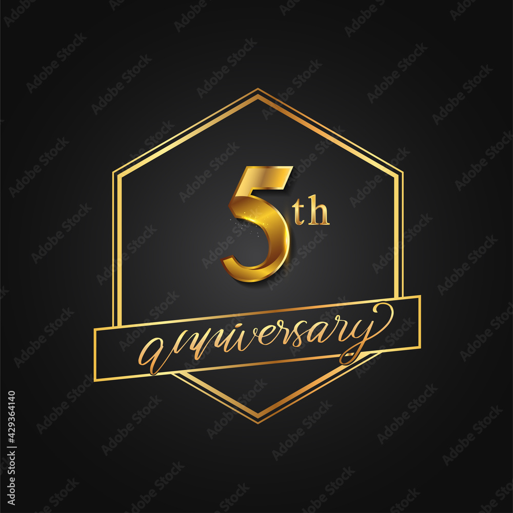 5th Anniversary Celebration. Anniversary logo with hexagon and elegance golden color isolated on black background, vector design for celebration, invitation card, and greeting card
