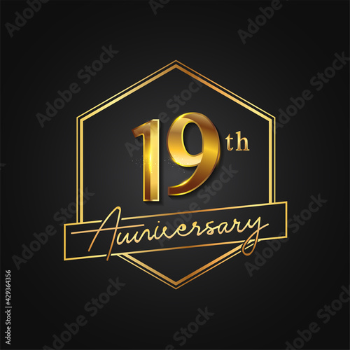 19th Anniversary Celebration. Anniversary logo with hexagon and elegance golden color isolated on black background, vector design for celebration, invitation card, and greeting card