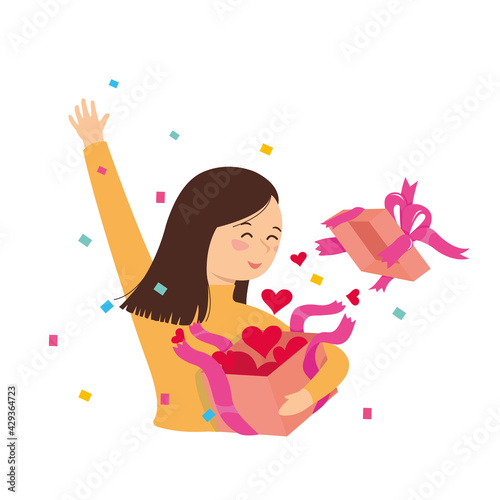 woman open gift box with surprise, celebrate with gift box and red hearts inside the box. 