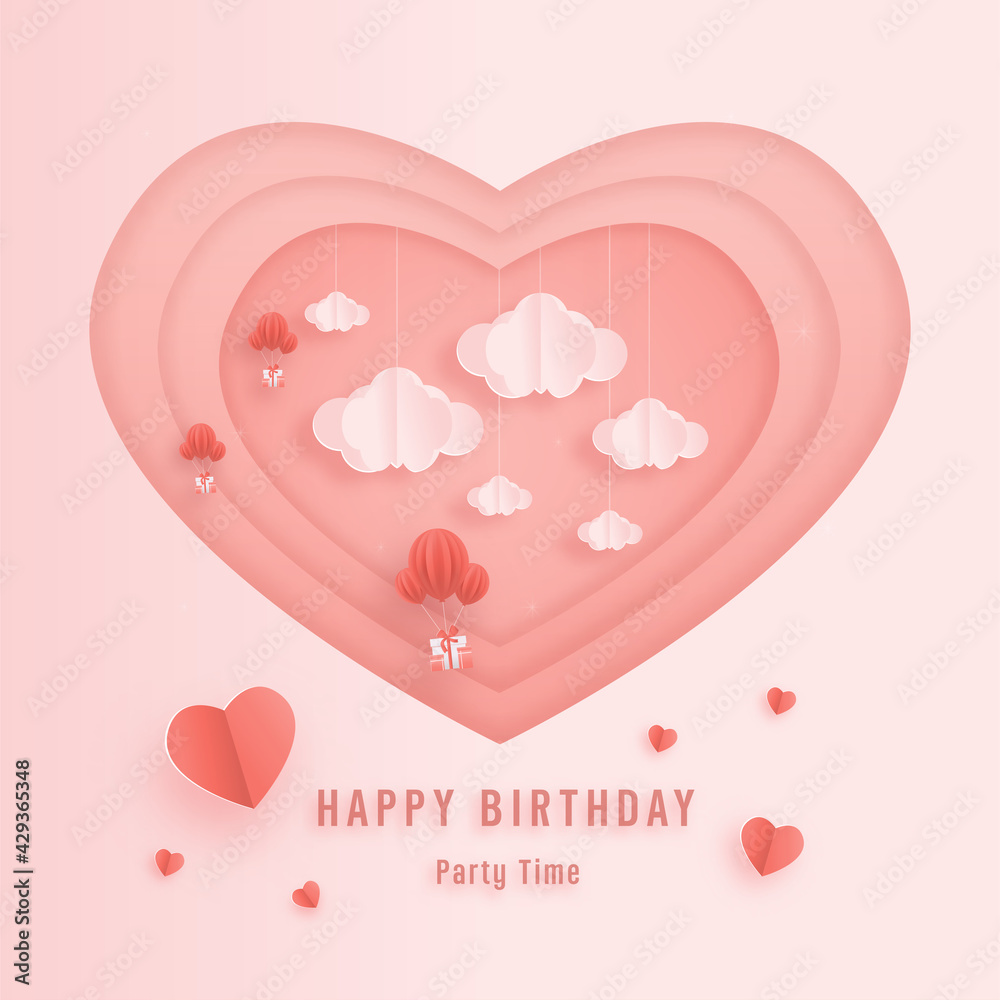 Decorated birthday card beautiful three balloons in the could paper style, paper cut, and papercraft. gift box hanging on the wall decorated with clouds and cake. Sweet pink background.