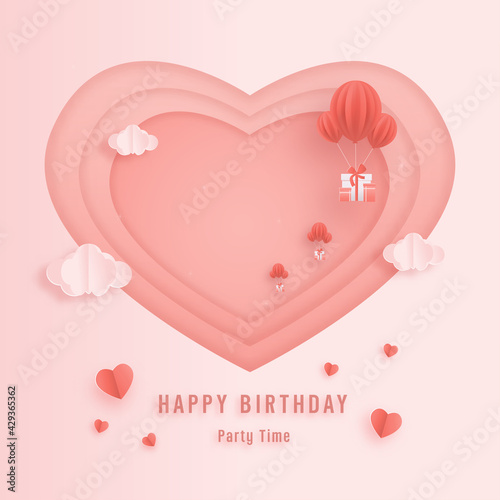 Decorated birthday card beautiful three balloons in the could paper style, paper cut, and papercraft. gift box hanging on the wall decorated with clouds and cake. Sweet pink background.