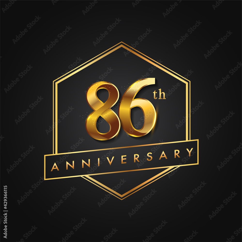 86th Anniversary Celebration. Anniversary logo with hexagon and elegance golden color isolated on black background, vector design for celebration, invitation card, and greeting card