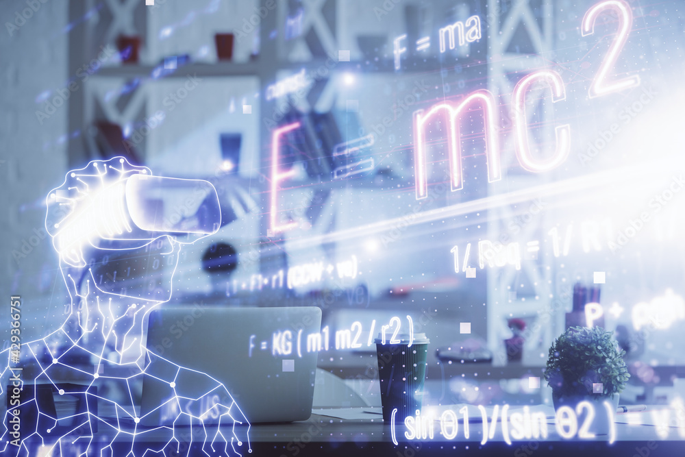 Double exposure of formulas drawing and office interior background. Concept of education.