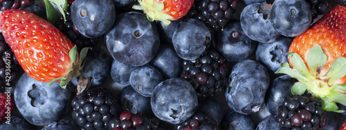 Red fruits banner: strawberries, raspberries and blueberries on a grey background