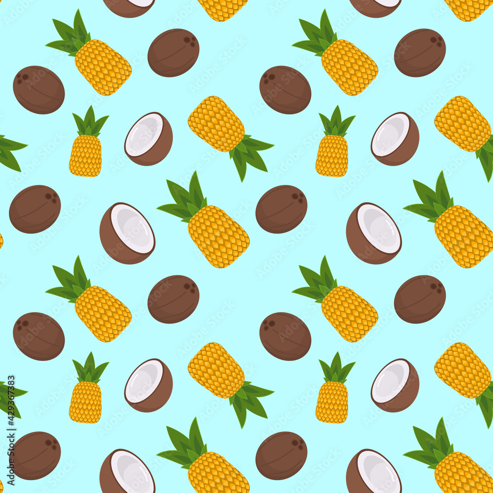 vector tropical pattern with pineapple and coconut on a blue background vector tropical pattern with pineapple and coconut on a blue background