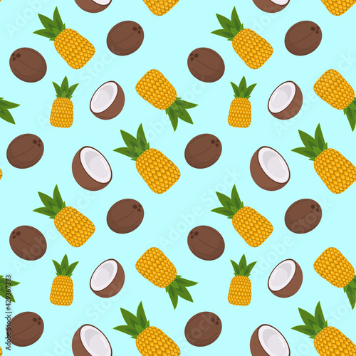 vector tropical pattern with pineapple and coconut on a blue background