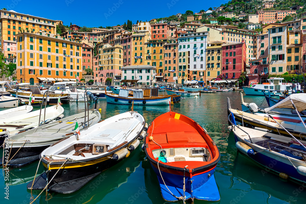 Small port with boats in Camogli, Italy.