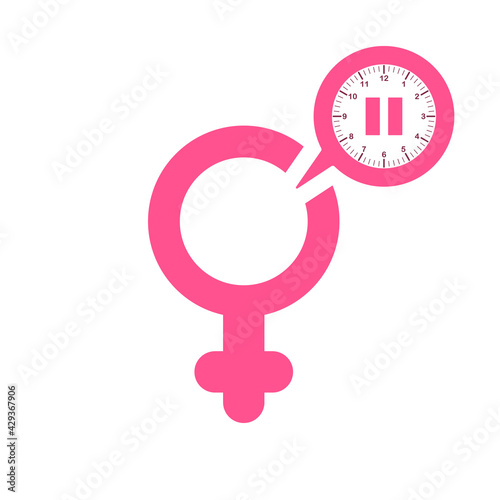 Menopause Pink Icon with Clock. Symbol of Menopause Period. Female Gender Icon with Menstrual Pause and Clock. Flat Icon Style. Vector illustration